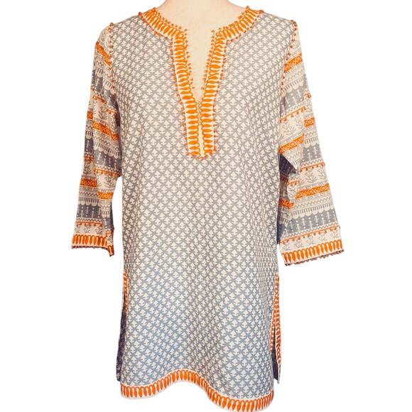 Gretchen Scott Beaded Cotton Batik Tunic Top Blouse Blue Orange Medium - Picture 2 of 8
